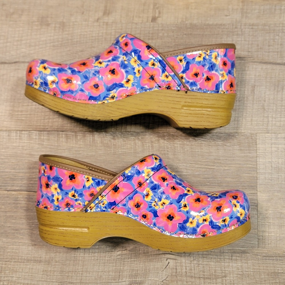 Dansko Professional Clogs Blue Pink Colorful Floral Shoes Womens 40 9.5-10